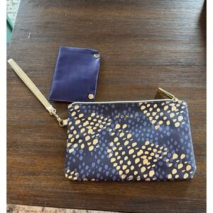 Monat Travel Zip Case Makeup Bag Blue Gold Small Toiletry Pouch Wristlet